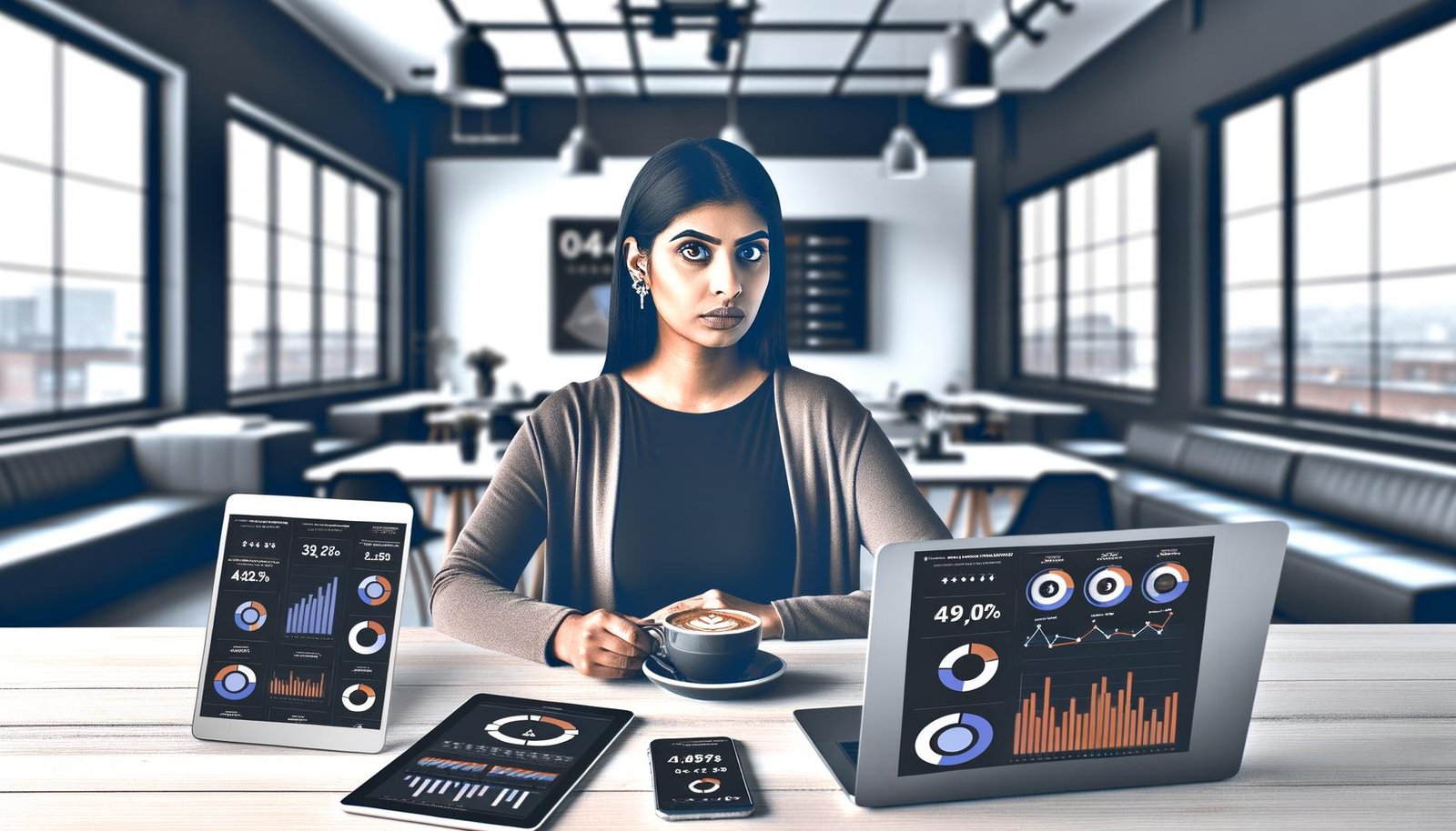 Moderner Influencer vor digitalen Bildschirmen mit Daten und Analysen in einem urbanen Loft, umgeben von Smartphone, Laptop und Latte Macchiato.
