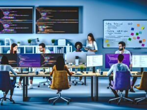 Fokussiertes TYPO3 SEO-Team aus Entwicklern, SEOs und Designern an einer großen Workstation, umgeben von Monitoren mit Code, Analytics und TYPO3-Backend, mit Whiteboard und Fachbegriffen im Hintergrund