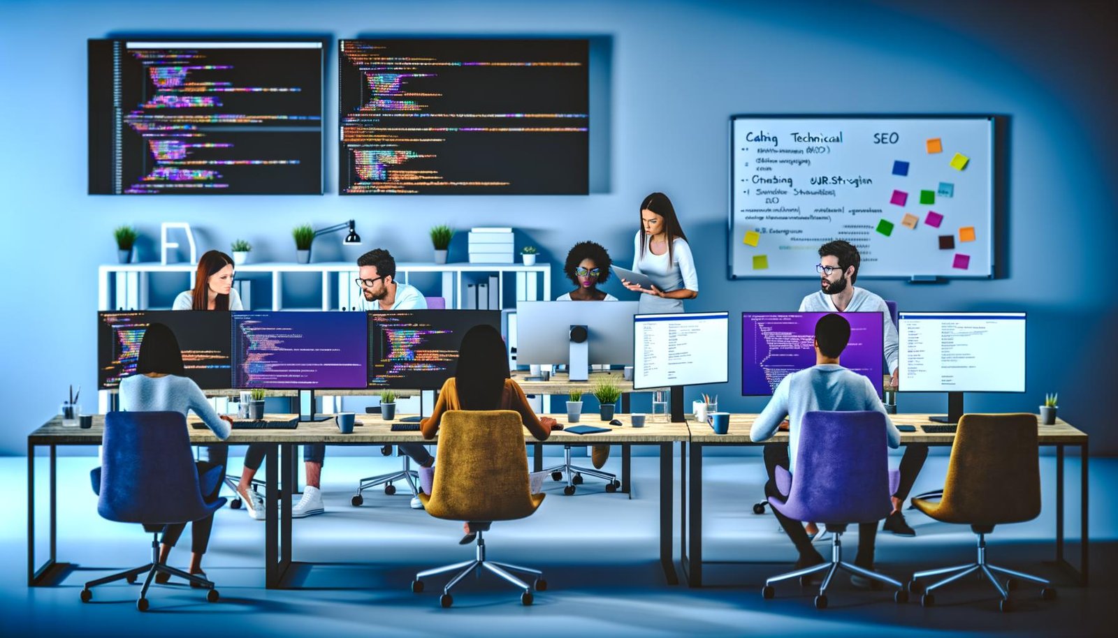 Fokussiertes TYPO3 SEO-Team aus Entwicklern, SEOs und Designern an einer großen Workstation, umgeben von Monitoren mit Code, Analytics und TYPO3-Backend, mit Whiteboard und Fachbegriffen im Hintergrund