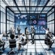Geschäftsleute und Analysten arbeiten kollaborativ vor einem digitalen Dashboard mit Echtzeitdaten, Diagrammen und heatmaps in einem modernen, transparenten Büro.