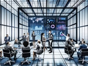 Geschäftsleute und Analysten arbeiten kollaborativ vor einem digitalen Dashboard mit Echtzeitdaten, Diagrammen und heatmaps in einem modernen, transparenten Büro.