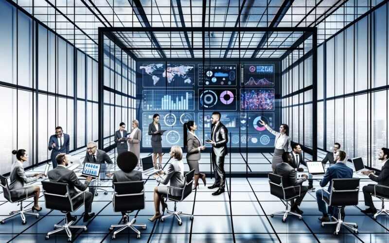 Geschäftsleute und Analysten arbeiten kollaborativ vor einem digitalen Dashboard mit Echtzeitdaten, Diagrammen und heatmaps in einem modernen, transparenten Büro.