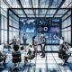 Geschäftsleute und Analysten arbeiten kollaborativ vor einem digitalen Dashboard mit Echtzeitdaten, Diagrammen und heatmaps in einem modernen, transparenten Büro.
