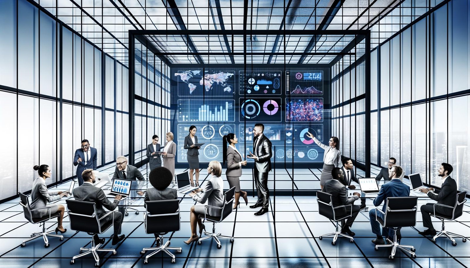 Geschäftsleute und Analysten arbeiten kollaborativ vor einem digitalen Dashboard mit Echtzeitdaten, Diagrammen und heatmaps in einem modernen, transparenten Büro.