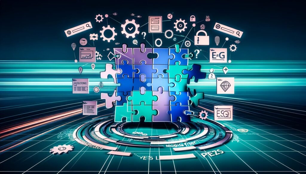 Illustration einer futuristischen Website als Puzzle mit zentralen SEO-Konzepten, umgeben von Symbolen für Analyse, Technik und Nutzererfahrung vor einem digitalen Suchmaschinen-Rennstrecke.
