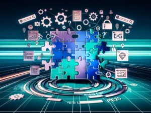 Illustration einer futuristischen Website als Puzzle mit zentralen SEO-Konzepten, umgeben von Symbolen für Analyse, Technik und Nutzererfahrung vor einem digitalen Suchmaschinen-Rennstrecke.