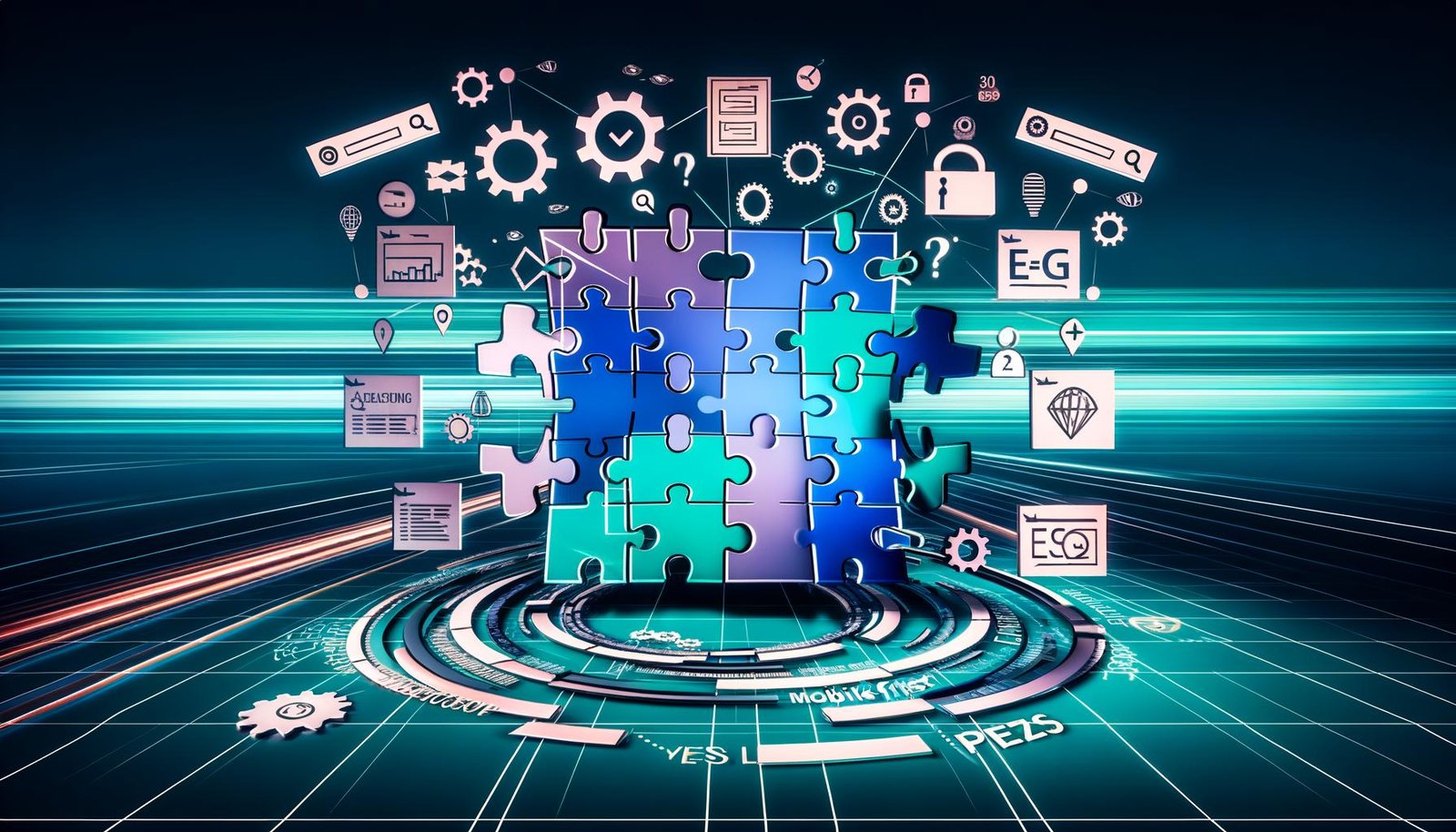 Illustration einer futuristischen Website als Puzzle mit zentralen SEO-Konzepten, umgeben von Symbolen für Analyse, Technik und Nutzererfahrung vor einem digitalen Suchmaschinen-Rennstrecke.