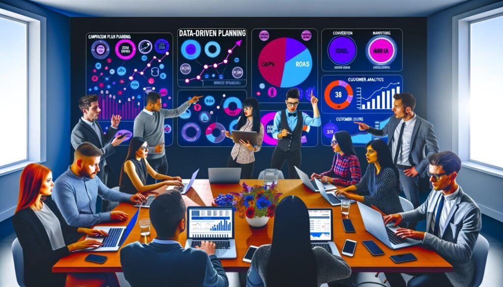Marketingteam in einem modernen Workspace analysiert gemeinsam auf großen Bildschirmen Echtzeit-Kampagnendaten, Conversion-Funnels und wichtige Metriken auf mehreren Geräten.