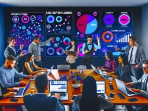 Marketingteam in einem modernen Workspace analysiert gemeinsam auf großen Bildschirmen Echtzeit-Kampagnendaten, Conversion-Funnels und wichtige Metriken auf mehreren Geräten.