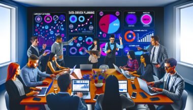 Marketingteam in einem modernen Workspace analysiert gemeinsam auf großen Bildschirmen Echtzeit-Kampagnendaten, Conversion-Funnels und wichtige Metriken auf mehreren Geräten.