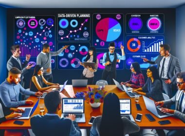 Marketingteam in einem modernen Workspace analysiert gemeinsam auf großen Bildschirmen Echtzeit-Kampagnendaten, Conversion-Funnels und wichtige Metriken auf mehreren Geräten.