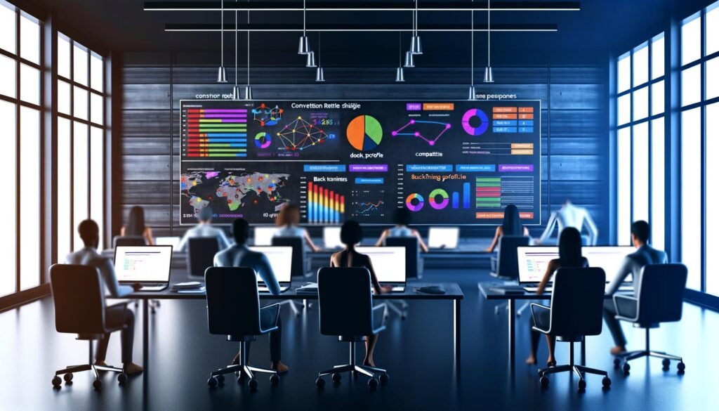 Großraumbüro im Halbdunkel mit Monitoren voller SEO-Statistiken, Mitarbeitenden bei der Datenanalyse und Whiteboard mit SEO-Begriffen und Strategien