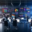 Großraumbüro im Halbdunkel mit Monitoren voller SEO-Statistiken, Mitarbeitenden bei der Datenanalyse und Whiteboard mit SEO-Begriffen und Strategien