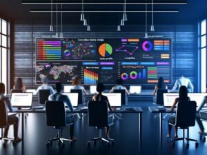 Großraumbüro im Halbdunkel mit Monitoren voller SEO-Statistiken, Mitarbeitenden bei der Datenanalyse und Whiteboard mit SEO-Begriffen und Strategien