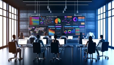 Großraumbüro im Halbdunkel mit Monitoren voller SEO-Statistiken, Mitarbeitenden bei der Datenanalyse und Whiteboard mit SEO-Begriffen und Strategien