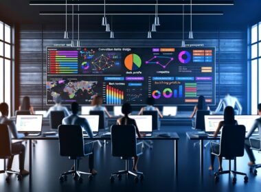Großraumbüro im Halbdunkel mit Monitoren voller SEO-Statistiken, Mitarbeitenden bei der Datenanalyse und Whiteboard mit SEO-Begriffen und Strategien