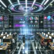 Offenes Hightech-Marketingbüro 2025 mit digitalen Dashboards, konzentrierten Mitarbeitern und sichtbaren Datenströmen auf großen Monitoren