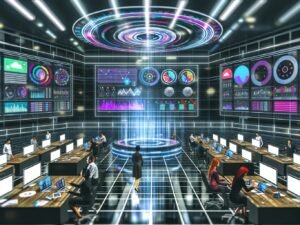 Offenes Hightech-Marketingbüro 2025 mit digitalen Dashboards, konzentrierten Mitarbeitern und sichtbaren Datenströmen auf großen Monitoren