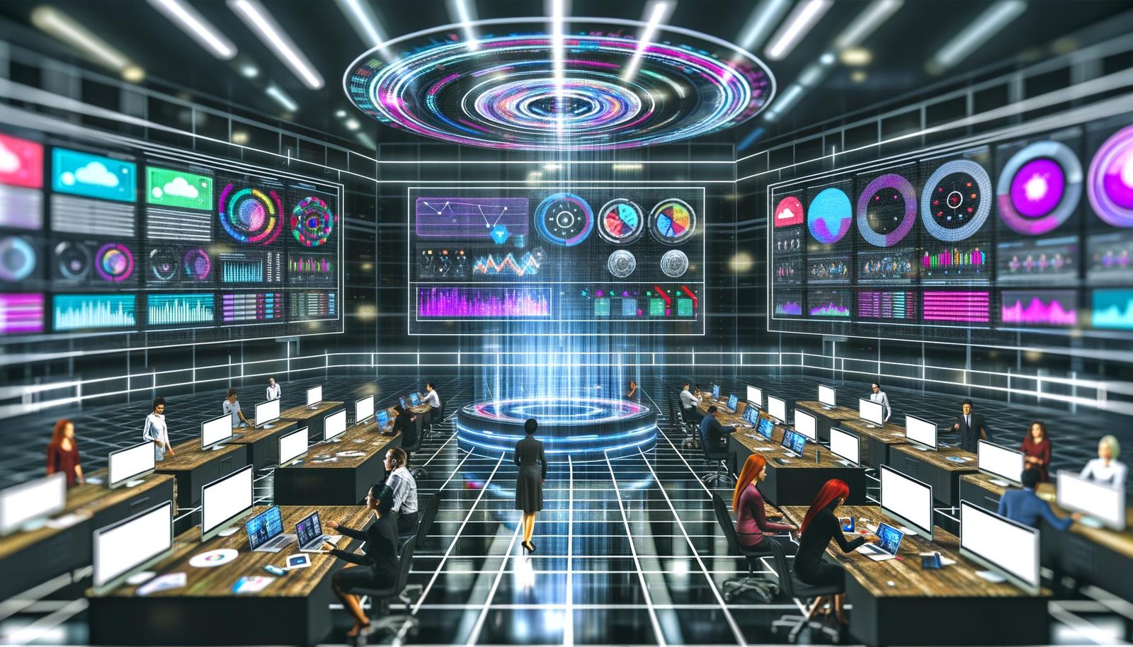 Offenes Hightech-Marketingbüro 2025 mit digitalen Dashboards, konzentrierten Mitarbeitern und sichtbaren Datenströmen auf großen Monitoren
