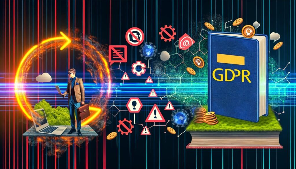 Illustration zum digitalen Wilden Westen 2024 mit Marketer, Datenschutzsymbolen, DSGVO-Gesetzbuch und Tracking-Tools vor einem Hintergrund aus Datenströmen und Warnschildern.