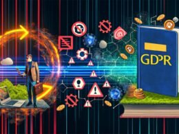 Illustration zum digitalen Wilden Westen 2024 mit Marketer, Datenschutzsymbolen, DSGVO-Gesetzbuch und Tracking-Tools vor einem Hintergrund aus Datenströmen und Warnschildern.