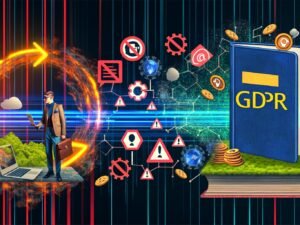 Illustration zum digitalen Wilden Westen 2024 mit Marketer, Datenschutzsymbolen, DSGVO-Gesetzbuch und Tracking-Tools vor einem Hintergrund aus Datenströmen und Warnschildern.