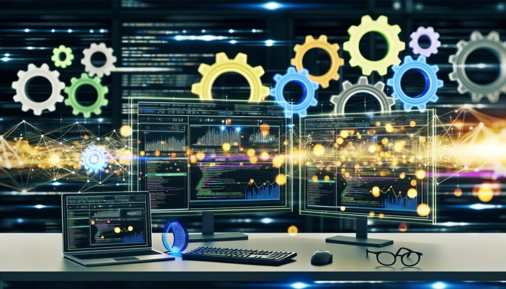 Illustration eines professionellen Onlineshop-Arbeitsplatzes mit Monitoren, Analysedaten, Zahnrädern und digitalen Datenflüssen im industriellen Maschinenraum-Stil.