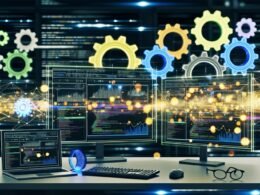 Illustration eines professionellen Onlineshop-Arbeitsplatzes mit Monitoren, Analysedaten, Zahnrädern und digitalen Datenflüssen im industriellen Maschinenraum-Stil.