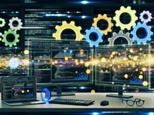 Illustration eines professionellen Onlineshop-Arbeitsplatzes mit Monitoren, Analysedaten, Zahnrädern und digitalen Datenflüssen im industriellen Maschinenraum-Stil.
