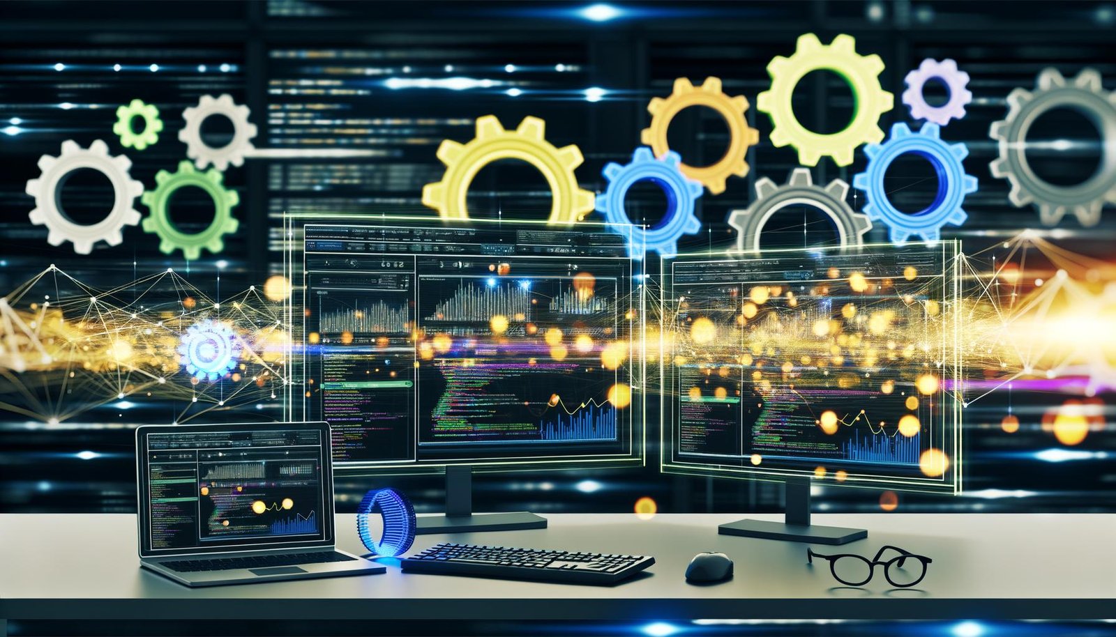Illustration eines professionellen Onlineshop-Arbeitsplatzes mit Monitoren, Analysedaten, Zahnrädern und digitalen Datenflüssen im industriellen Maschinenraum-Stil.