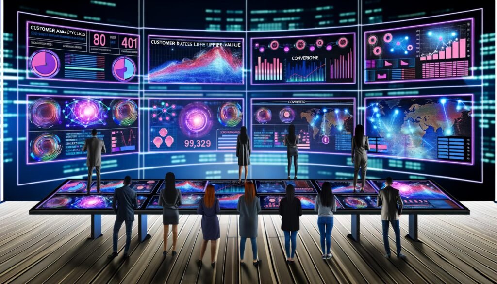 Futuristischer Kontrollraum mit digitalen Dashboards, die E-Commerce-Metriken darstellen. Diverse Marketer und Analysten analysieren Charts und Graphen, neonfarbene Datenströme im Hintergrund.