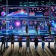 Futuristischer Kontrollraum mit digitalen Dashboards, die E-Commerce-Metriken darstellen. Diverse Marketer und Analysten analysieren Charts und Graphen, neonfarbene Datenströme im Hintergrund.