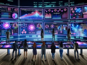 Futuristischer Kontrollraum mit digitalen Dashboards, die E-Commerce-Metriken darstellen. Diverse Marketer und Analysten analysieren Charts und Graphen, neonfarbene Datenströme im Hintergrund.