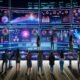 Futuristischer Kontrollraum mit digitalen Dashboards, die E-Commerce-Metriken darstellen. Diverse Marketer und Analysten analysieren Charts und Graphen, neonfarbene Datenströme im Hintergrund.
