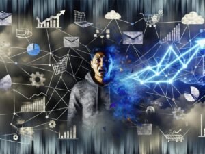Frustrierter E-Commerce-Händler zwischen Datenkabeln, kaputten Charts und schwebenden Analyse-Icons vor einem nebligen, digitalen Shop; leuchtende Datenlinien symbolisieren Ordnung im Datenchaos.