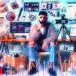 Ein erschöpfter Influencer sitzt an einem Schreibtisch voller Technik und Verpackungen, umgeben von Social-Media-Charts, Analysedaten und Anzeichen für Überarbeitung.