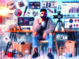 Ein erschöpfter Influencer sitzt an einem Schreibtisch voller Technik und Verpackungen, umgeben von Social-Media-Charts, Analysedaten und Anzeichen für Überarbeitung.