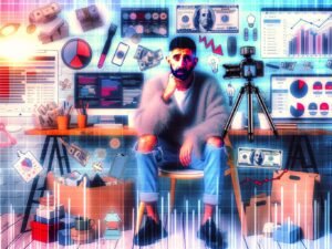 Ein erschöpfter Influencer sitzt an einem Schreibtisch voller Technik und Verpackungen, umgeben von Social-Media-Charts, Analysedaten und Anzeichen für Überarbeitung.