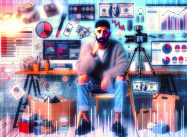 Ein erschöpfter Influencer sitzt an einem Schreibtisch voller Technik und Verpackungen, umgeben von Social-Media-Charts, Analysedaten und Anzeichen für Überarbeitung.