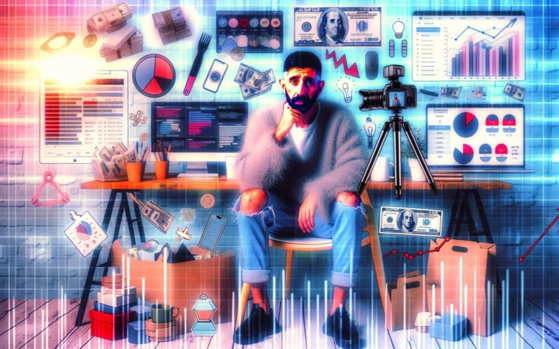 Ein erschöpfter Influencer sitzt an einem Schreibtisch voller Technik und Verpackungen, umgeben von Social-Media-Charts, Analysedaten und Anzeichen für Überarbeitung.