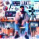 Ein erschöpfter Influencer sitzt an einem Schreibtisch voller Technik und Verpackungen, umgeben von Social-Media-Charts, Analysedaten und Anzeichen für Überarbeitung.