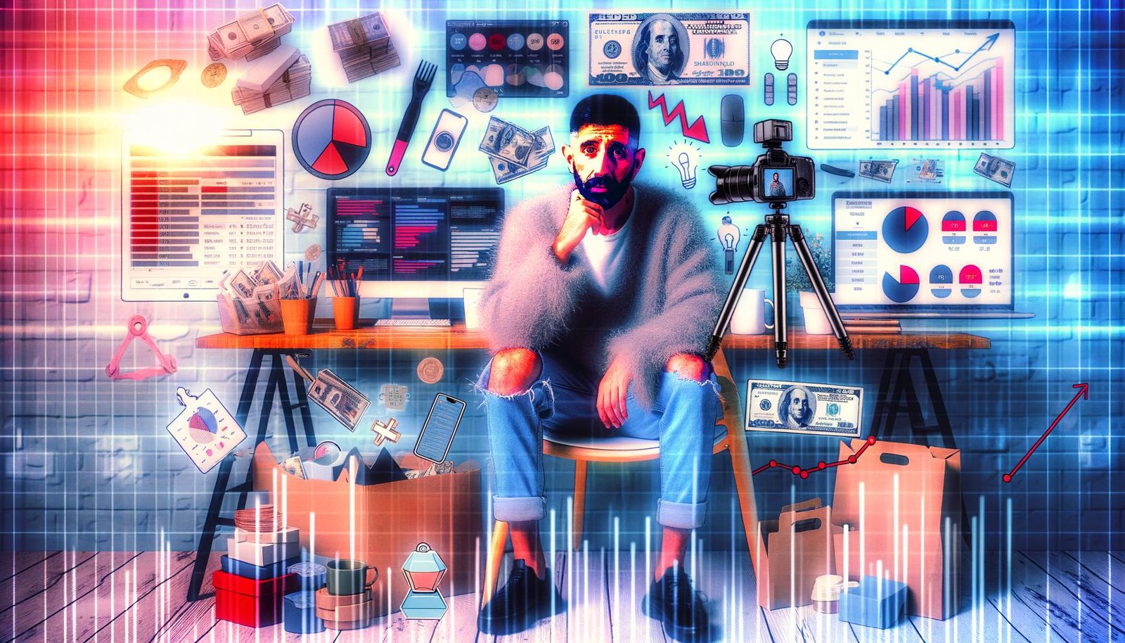 Ein erschöpfter Influencer sitzt an einem Schreibtisch voller Technik und Verpackungen, umgeben von Social-Media-Charts, Analysedaten und Anzeichen für Überarbeitung.