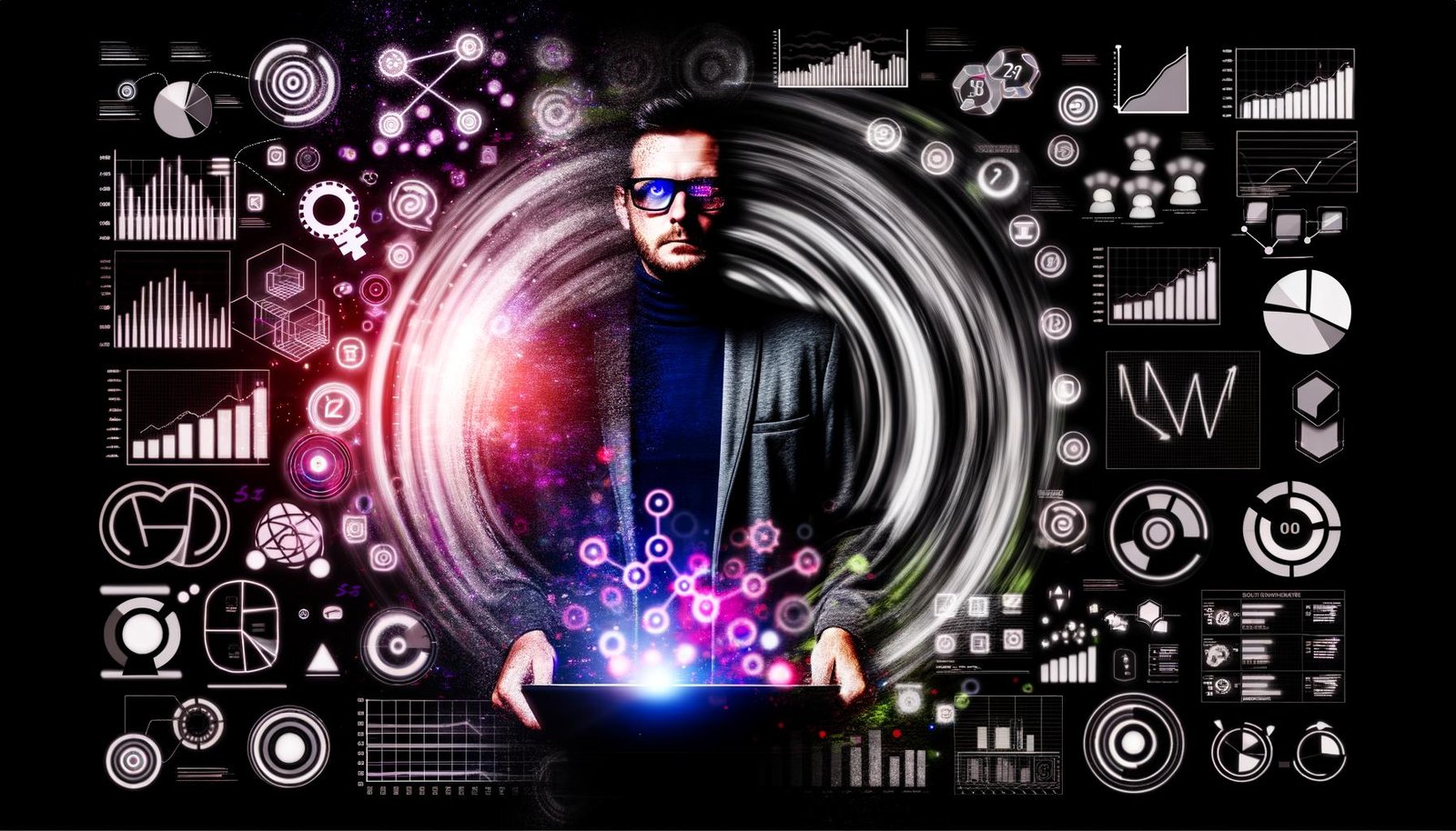 Illustration eines E-Commerce-Managers, der umgeben von Diagrammen, Dashboards und Analytics-Icons in einer düsteren, energiegeladenen Atmosphäre arbeitet.