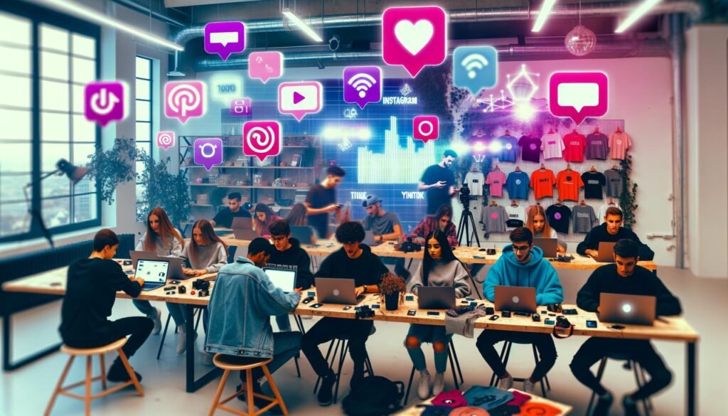 Internationale Influencer arbeiten in einem modernen Co-Working Space mit Laptops, Smartphones, Social-Media-Icons und bunten E-Commerce-Verpackungen.