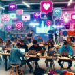 Internationale Influencer arbeiten in einem modernen Co-Working Space mit Laptops, Smartphones, Social-Media-Icons und bunten E-Commerce-Verpackungen.