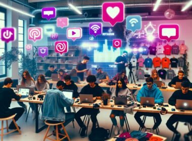 Internationale Influencer arbeiten in einem modernen Co-Working Space mit Laptops, Smartphones, Social-Media-Icons und bunten E-Commerce-Verpackungen.
