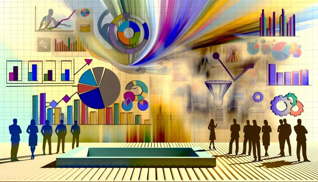 Modern gestalteter Onlineshop umgeben von lebendigen Datenvisualisierungen. Nachdenkliche Shop-Betreiber:innen analysieren KPIs, während ein altmodischer, verstaubter Shop im Hintergrund zurückbleibt.