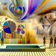 Modern gestalteter Onlineshop umgeben von lebendigen Datenvisualisierungen. Nachdenkliche Shop-Betreiber:innen analysieren KPIs, während ein altmodischer, verstaubter Shop im Hintergrund zurückbleibt.