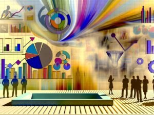 Modern gestalteter Onlineshop umgeben von lebendigen Datenvisualisierungen. Nachdenkliche Shop-Betreiber:innen analysieren KPIs, während ein altmodischer, verstaubter Shop im Hintergrund zurückbleibt.