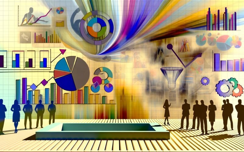 Modern gestalteter Onlineshop umgeben von lebendigen Datenvisualisierungen. Nachdenkliche Shop-Betreiber:innen analysieren KPIs, während ein altmodischer, verstaubter Shop im Hintergrund zurückbleibt.